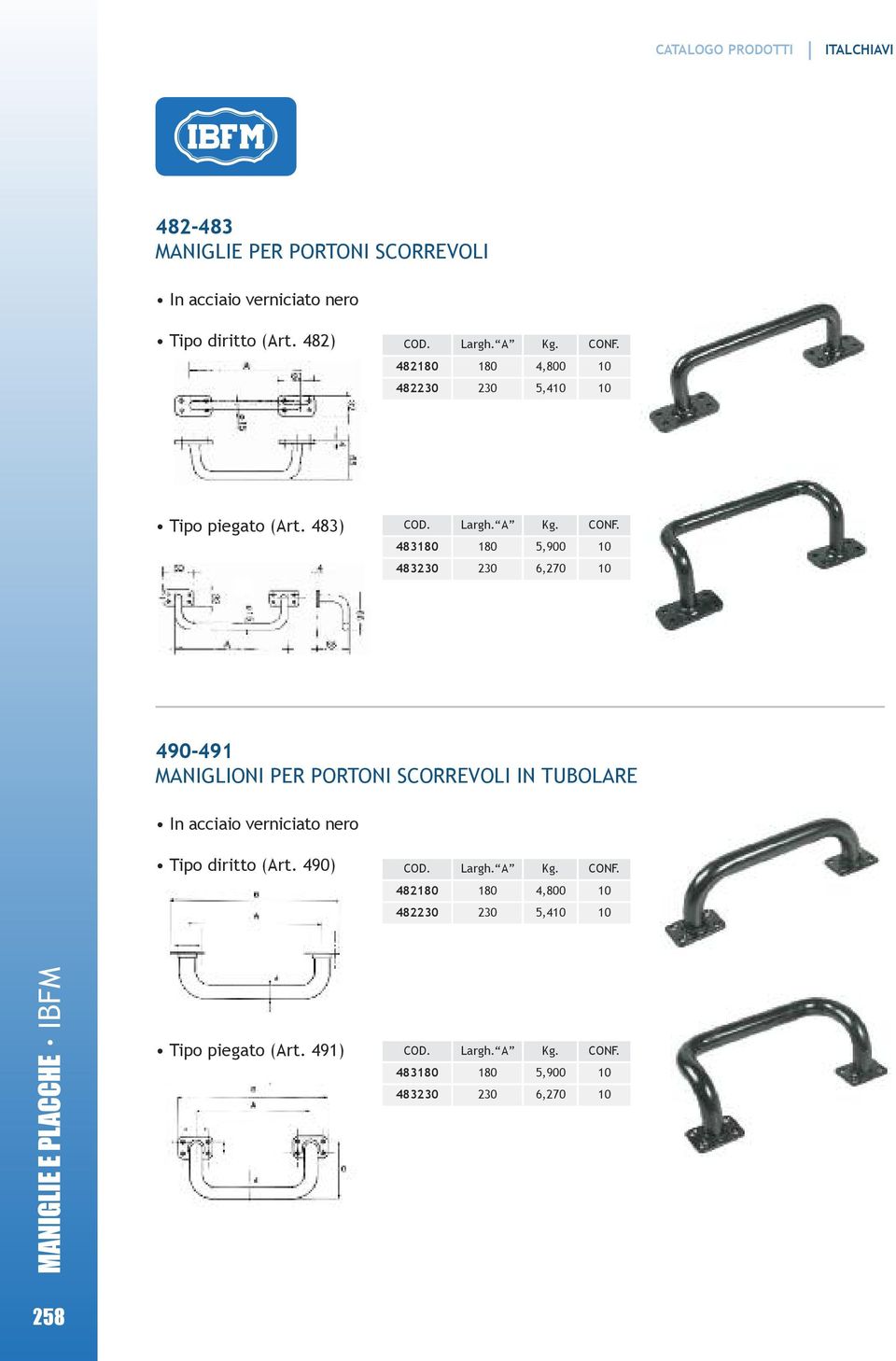 483180 180 5,900 10 483230 230 6,270 10 490-491 MANIGLIONI PER PORTONI SCORREVOLI IN TUBOLARE In acciaio verniciato nero Tipo