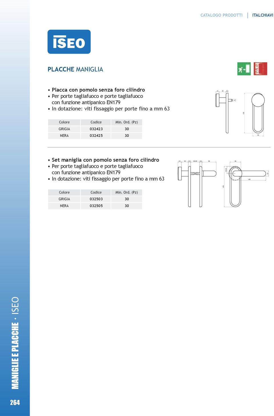 (Pz) GRIGIA 032423 30 NERA 032425 30 Set maniglia con pomolo senza foro cilindro Per porte tagliafuoco e porte tagliafuoco con 