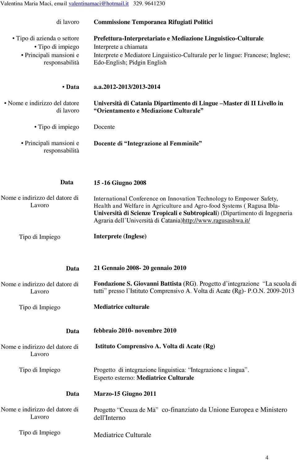 mansioni e responsabilità a.a.2012-2013/2013-2014 Università di Catania Dipartimento di Lingue Master di II Livello in Orientamento e Mediazione Culturale Docente Docente di Integrazione al Femminile