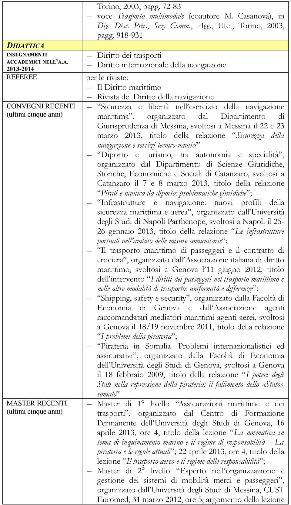 918-931 Diritto dei trasporti Diritto internazionale della navigazione per le riviste: Il Diritto marittimo Rivista del Diritto della navigazione Sicurezza e libertà nell esercizio della navigazione