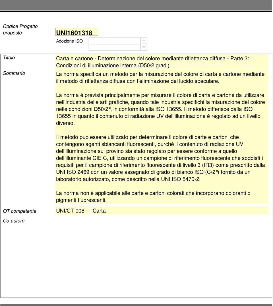 La norma è prevista principalmente per misurare il colore di carta e cartone da utilizzare nell industria delle arti grafiche, quando tale industria specifichi la misurazione del colore nelle