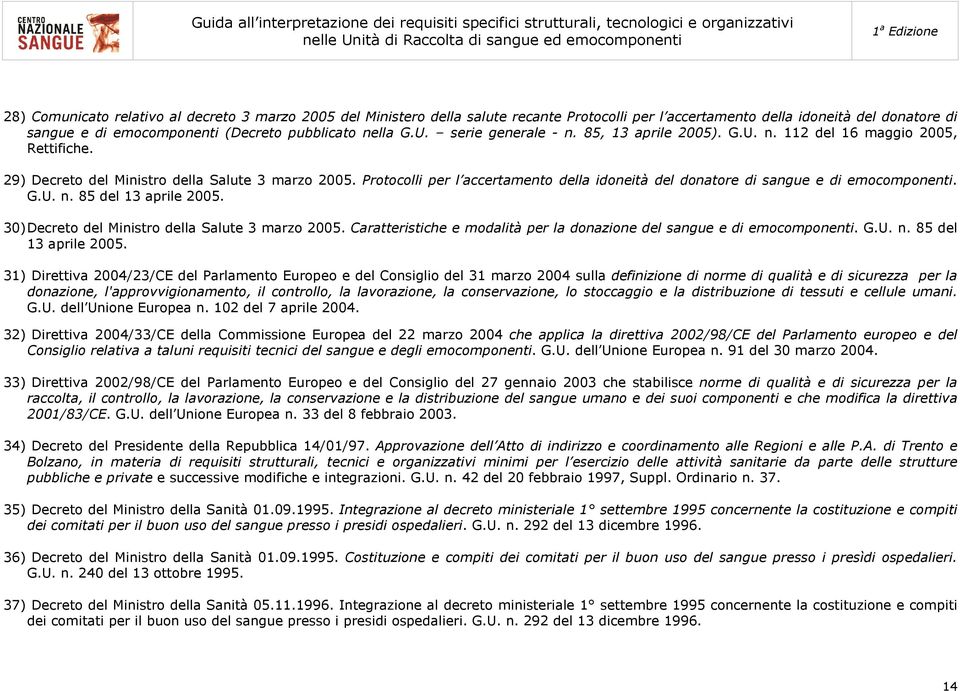 Protocolli per l accertamento della idoneità del donatore di sangue e di emocomponenti. G.U. n. 85 del 13 aprile 2005. 30) Decreto del Ministro della Salute 3 marzo 2005.