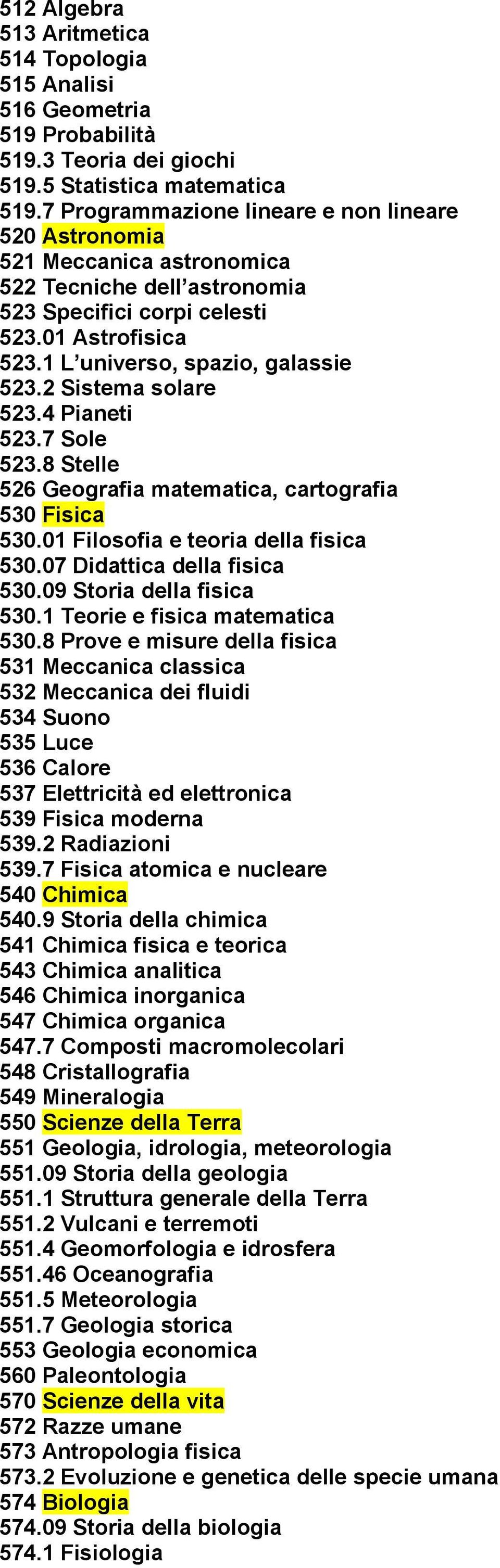 2 Sistema solare 523.4 Pianeti 523.7 Sole 523.8 Stelle 526 Geografia matematica, cartografia 530 Fisica 530.01 Filosofia e teoria della fisica 530.07 Didattica della fisica 530.