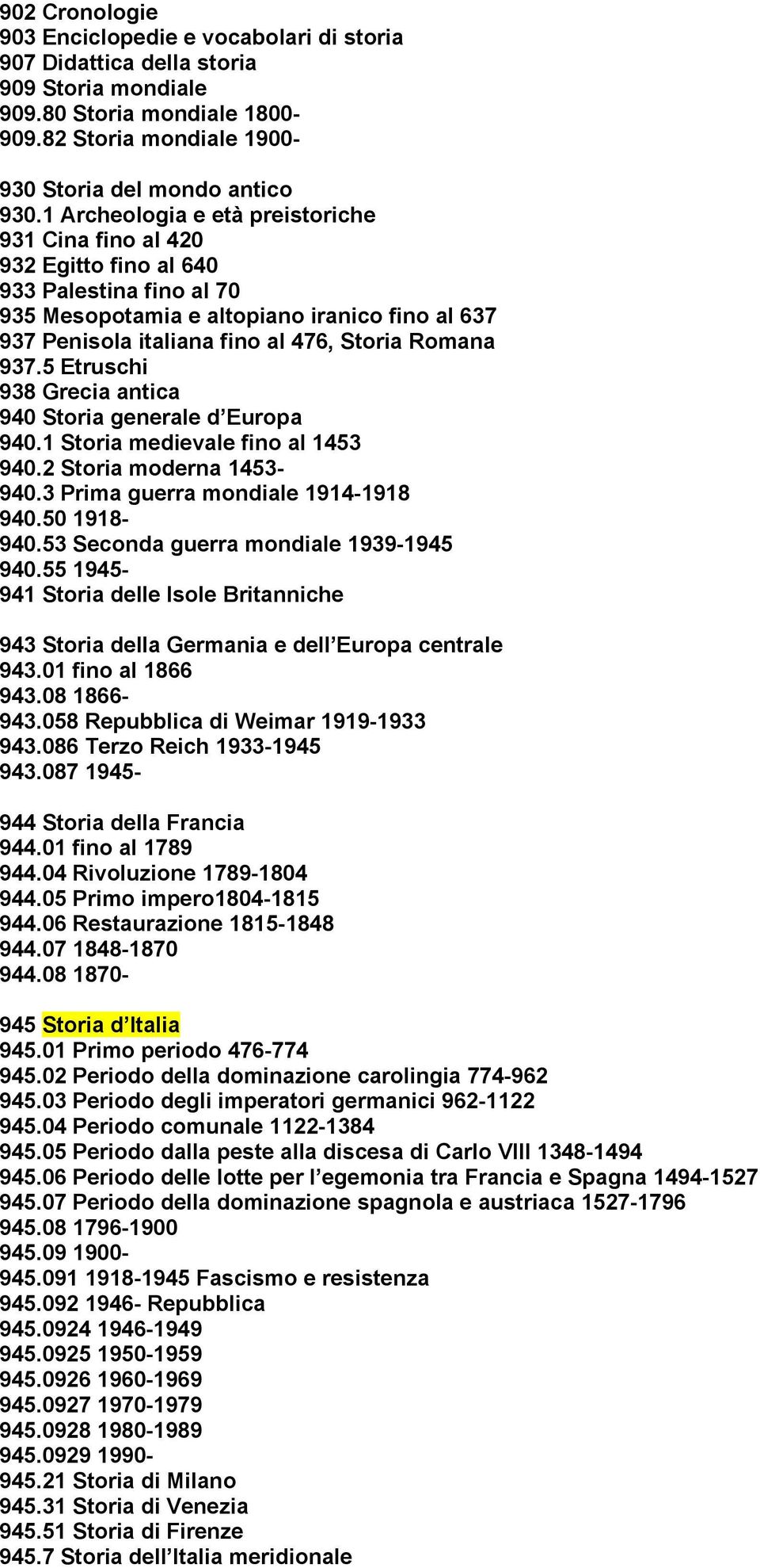 937.5 Etruschi 938 Grecia antica 940 Storia generale d Europa 940.1 Storia medievale fino al 1453 940.2 Storia moderna 1453-940.3 Prima guerra mondiale 1914-1918 940.50 1918-940.