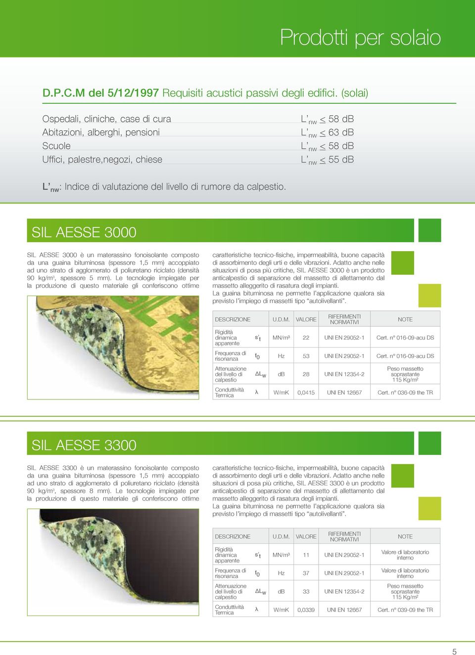 da. SIL AESSE 3000 SIL AESSE 3000 è un materassino fonoisolante composto da una guaina bituminosa (spessore 1,5 mm) accoppiato ad uno strato di agglomerato di poliuretano riciclato (densità 90 kg/m