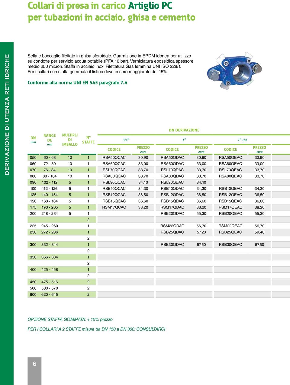 Filettatura Gas feina UNI ISO 228/1. Per i collari con staffa goata il listino deve essere maggiorato del 15%. Conforme alla norma UNI EN 545 paragrafo 7.