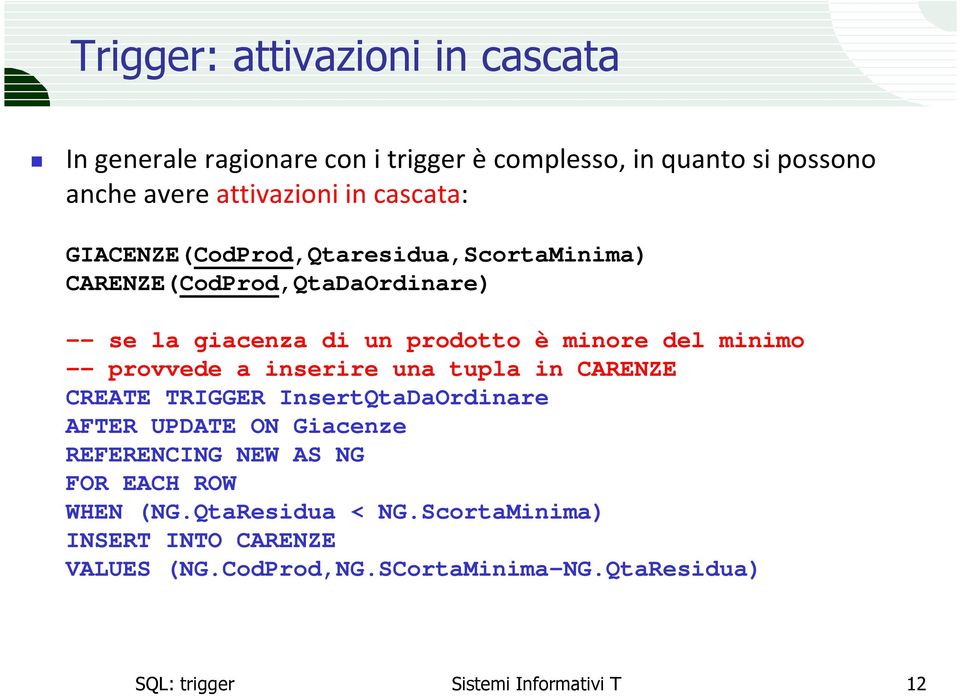 minimo -- provvede a inserire una tupla in CARENZE CREATE TRIGGER InsertQtaDaOrdinare AFTER UPDATE ON Giacenze REFERENCING NEW AS NG