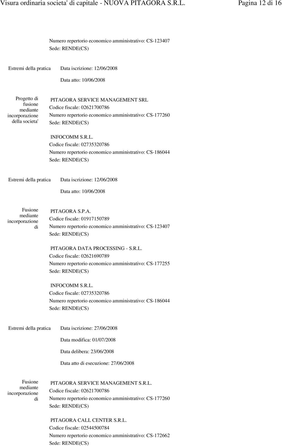 P.A. Codice fiscale: 01917150789 Numero repertorio economico amministrativo: CS-123407 PITAGORA DATA PROCESSING - S.R.L.