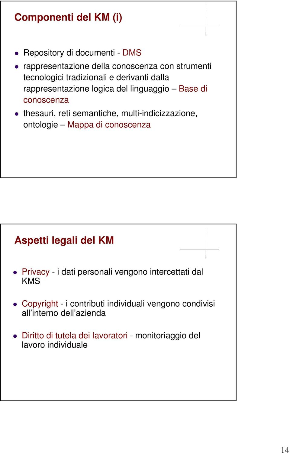 ontologie Mappa di conoscenza Aspetti legali del KM Privacy - i dati personali vengono intercettati dal KMS Copyright - i