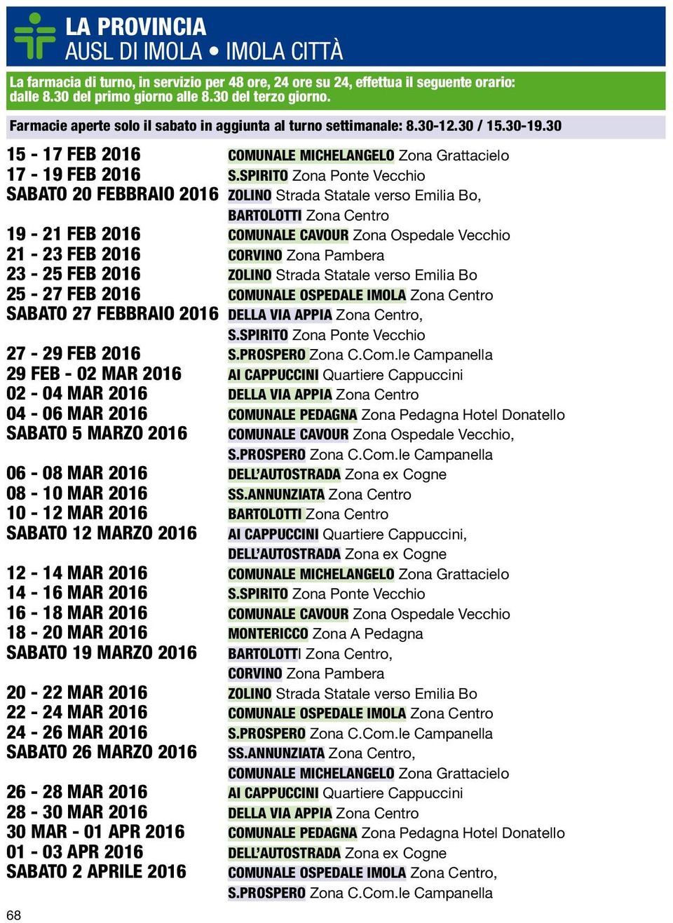 SPIRITO Zona Ponte Vecchio SABATO 20 FEBBRAIO 2016 ZOLINO Strada Statale verso Emilia Bo, BARTOLOTTI Zona Centro 19-21 FEB 2016 CAVOUR Zona Ospedale Vecchio 21-23 FEB 2016 CORVINO Zona Pambera 23-25