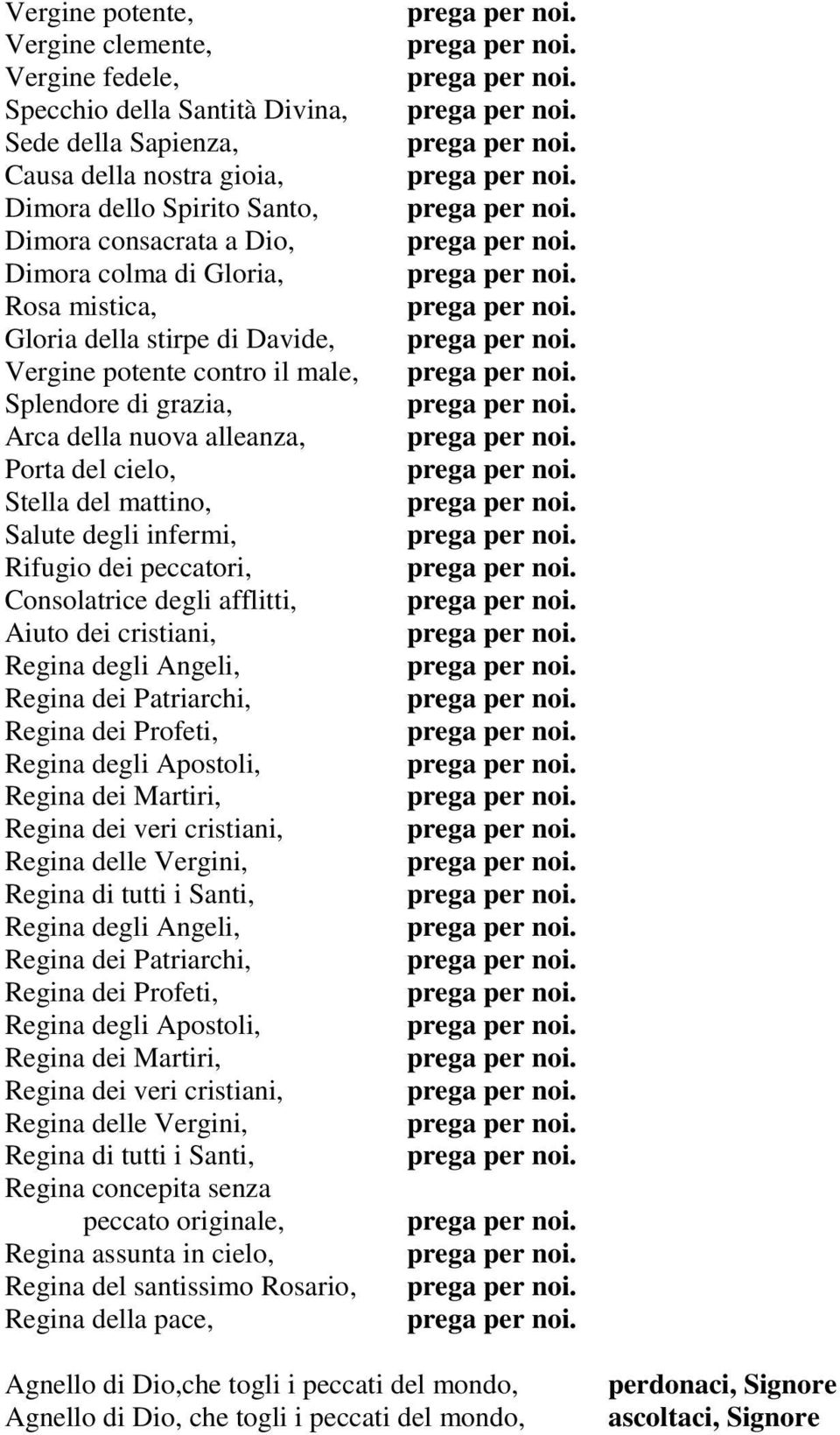 dei peccatori, Consolatrice degli afflitti, Aiuto dei cristiani, Regina degli Angeli, Regina dei Patriarchi, Regina dei Profeti, Regina degli Apostoli, Regina dei Martiri, Regina dei veri cristiani,