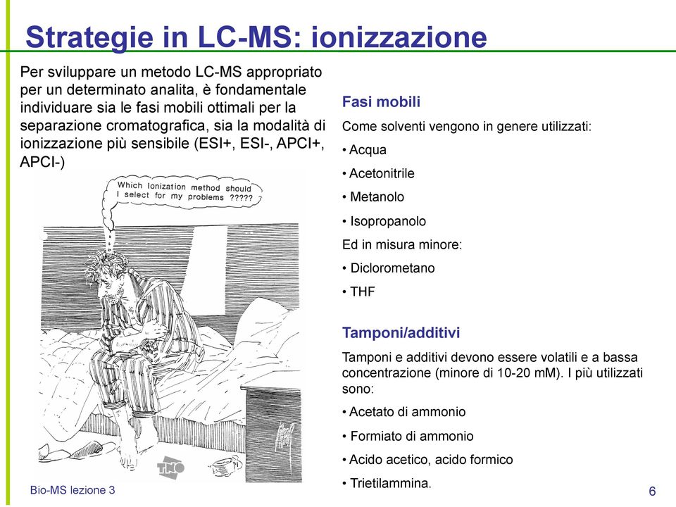 utilizzati: Acqua Acetonitrile Metanolo Isopropanolo Ed in misura minore: Diclorometano THF Tamponi/additivi Tamponi e additivi devono essere volatili e a