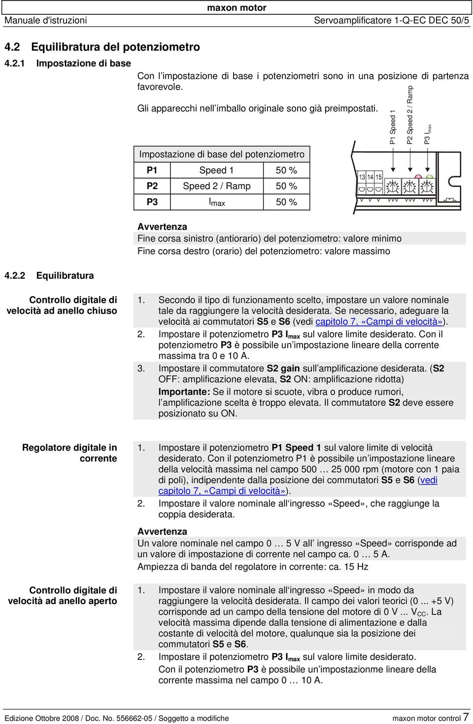 Impostazione di base del potenziometro P1 Speed 1 50 % P2 Speed 2 / Ramp 50 % P3 I max 50 % Avvertenza Fine corsa sinistro (antiorario) del potenziometro: valore minimo Fine corsa destro (orario) del