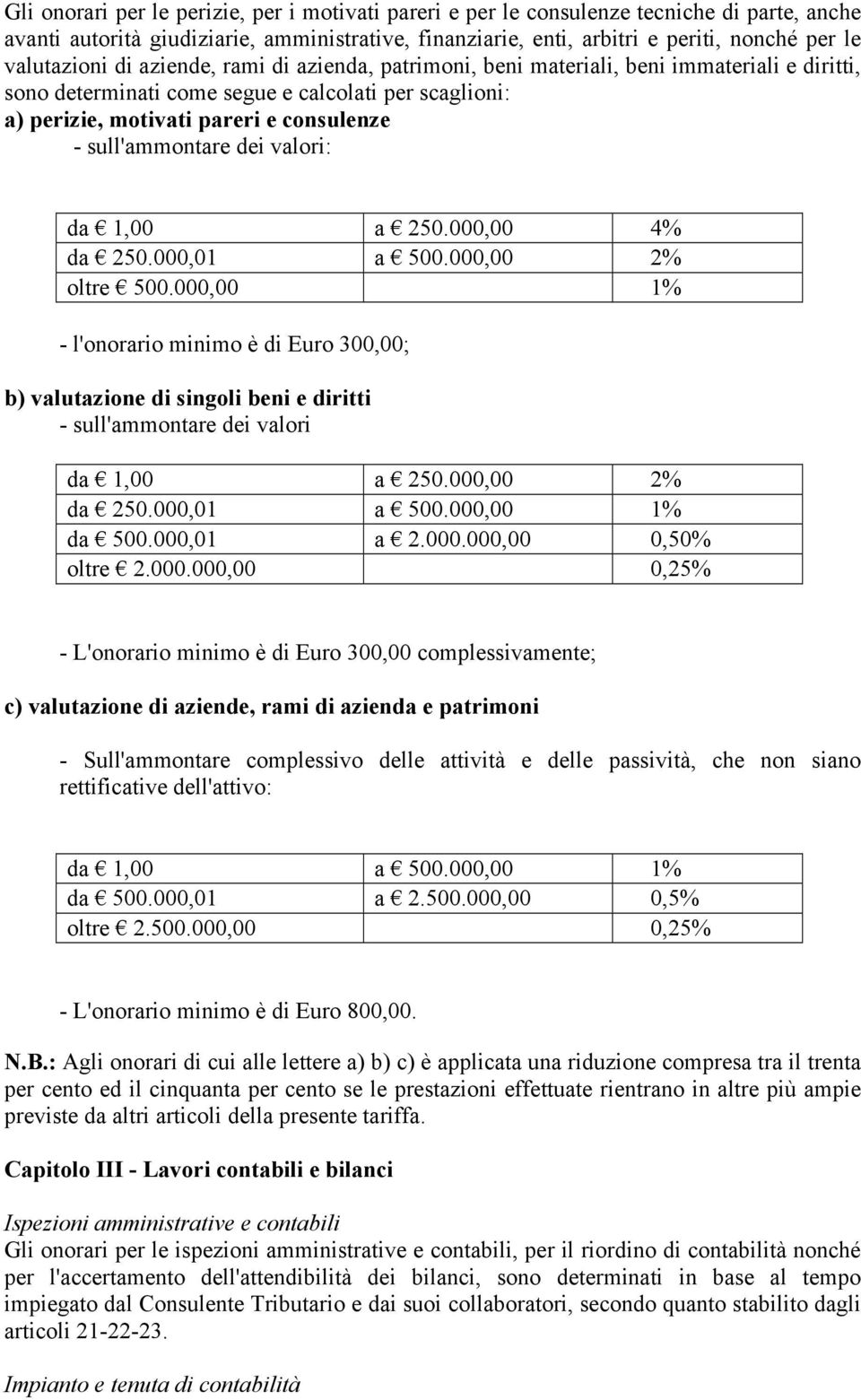 sull'ammontare dei valori: da 1,00 a 250.000,00 4% da 250.000,01 a 500.000,00 2% oltre 500.