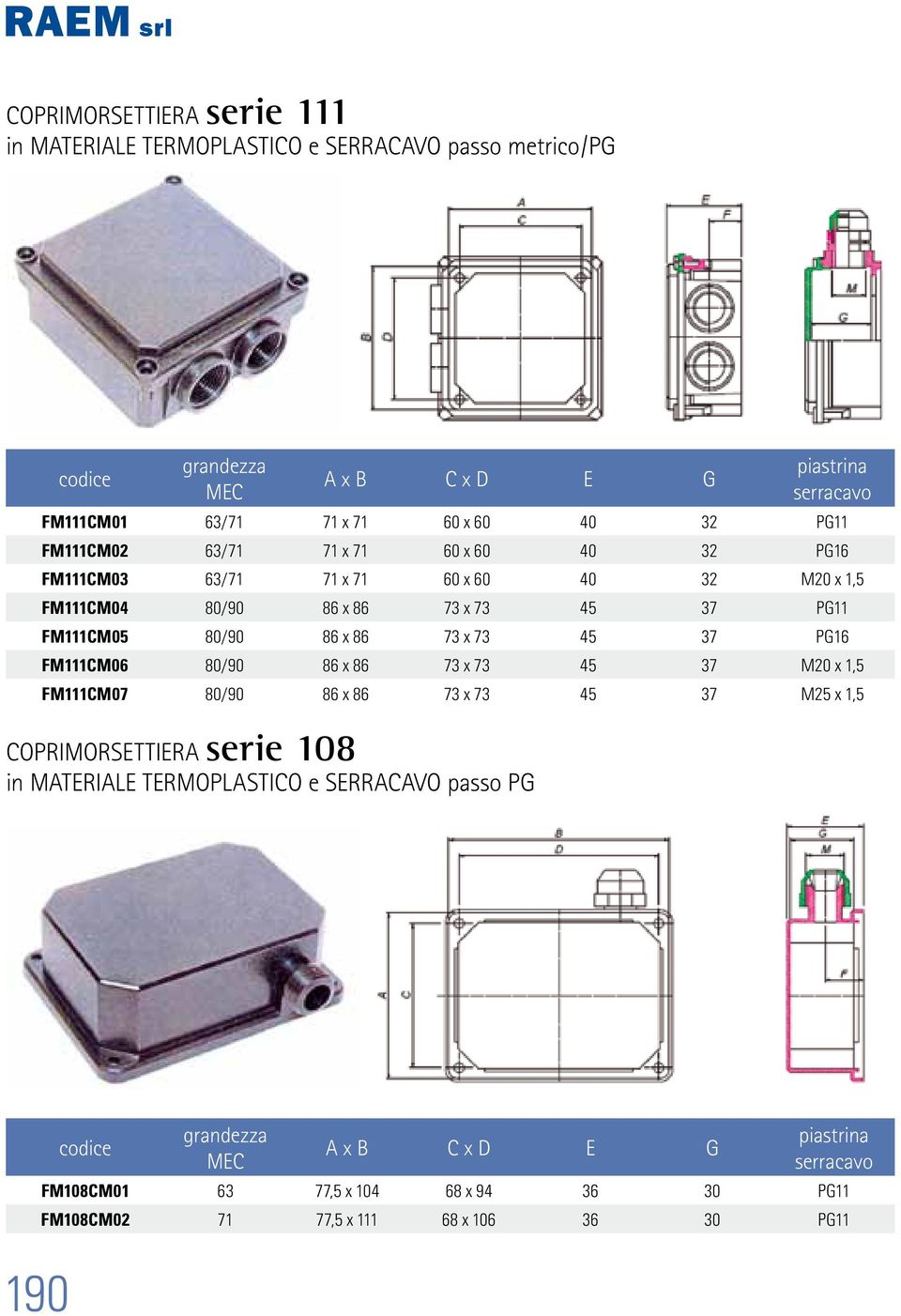 x 86 73 x 73 45 37 PG16 FM111CM06 80/90 86 x 86 73 x 73 45 37 M20 x 1,5 FM111CM07 80/90 86 x 86 73 x 73 45 37 M25 x 1,5 COPRIMORSETTIERA serie 108 in