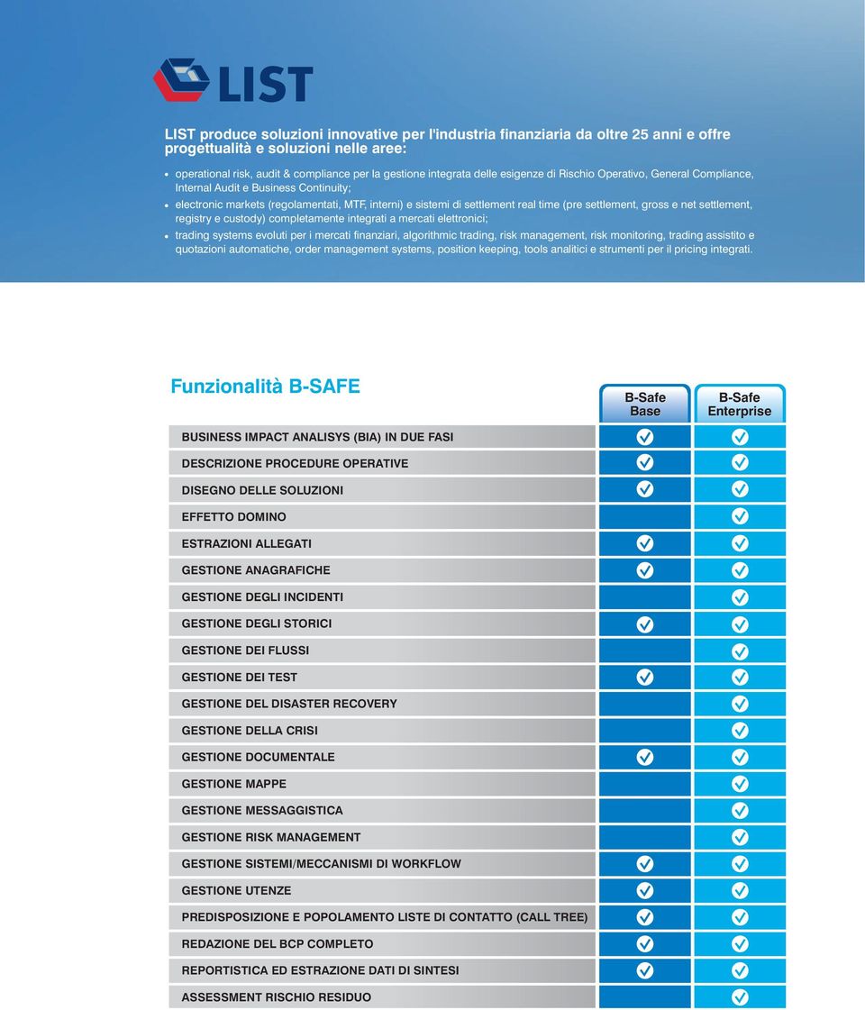 settlement, registry e custody) completamente integrati a mercati elettronici; trading systems evoluti per i mercati finanziari, algorithmic trading, risk management, risk monitoring, trading