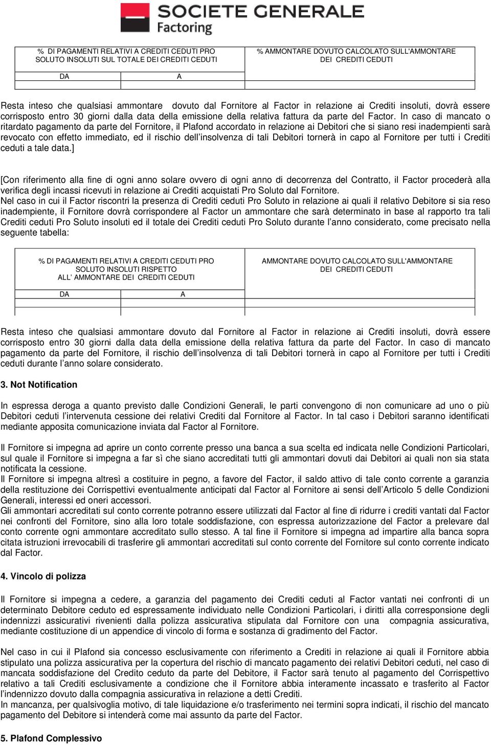 In caso di mancato o ritardato pagamento da parte del Fornitore, il Plafond accordato in relazione ai Debitori che si siano resi inadempienti sarà revocato con effetto immediato, ed il rischio dell