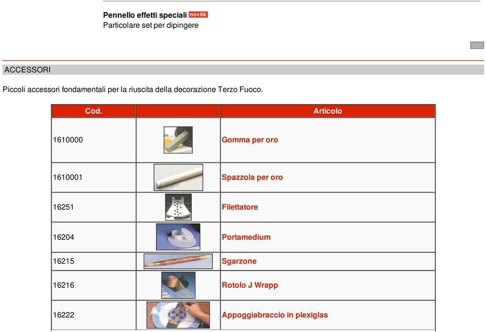 Articolo 1610000 Gomma per oro 1610001 Spazzola per oro 16251 Filettatore