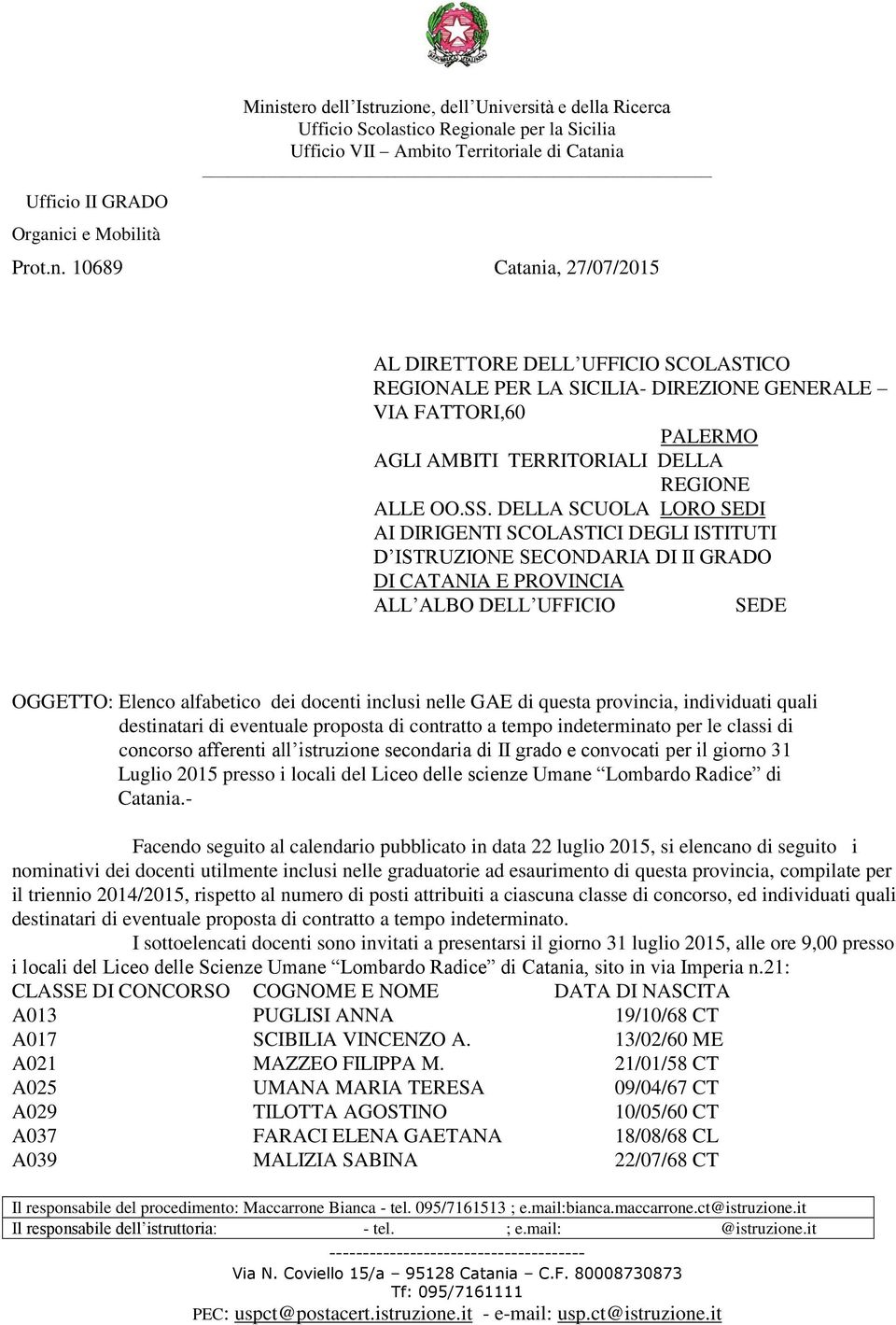 nelle GAE di questa provincia, individuati quali destinatari di eventuale proposta di contratto a tempo indeterminato per le classi di concorso afferenti all istruzione secondaria di II grado e