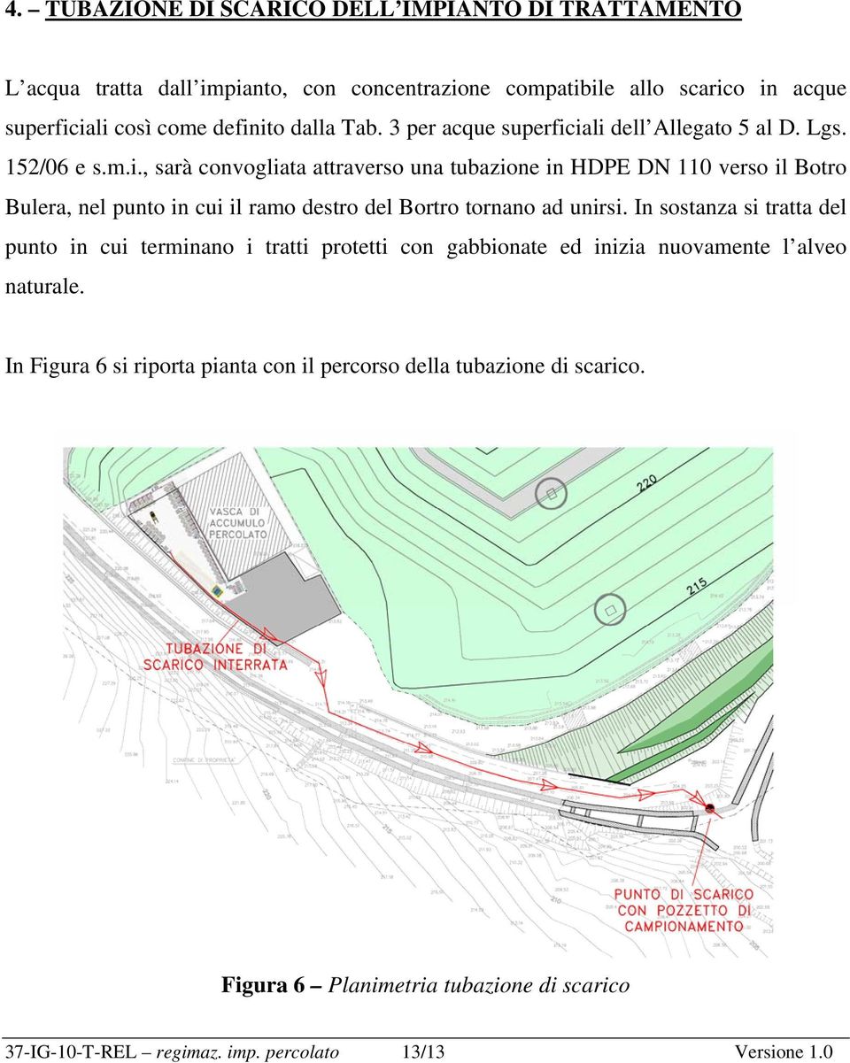 iali dell Allegato 5 al D. Lgs. 152/06 e s.m.i., sarà convogliata attraverso una tubazione in HDPE DN 110 verso il Botro Bulera, nel punto in cui il ramo destro del Bortro tornano ad unirsi.