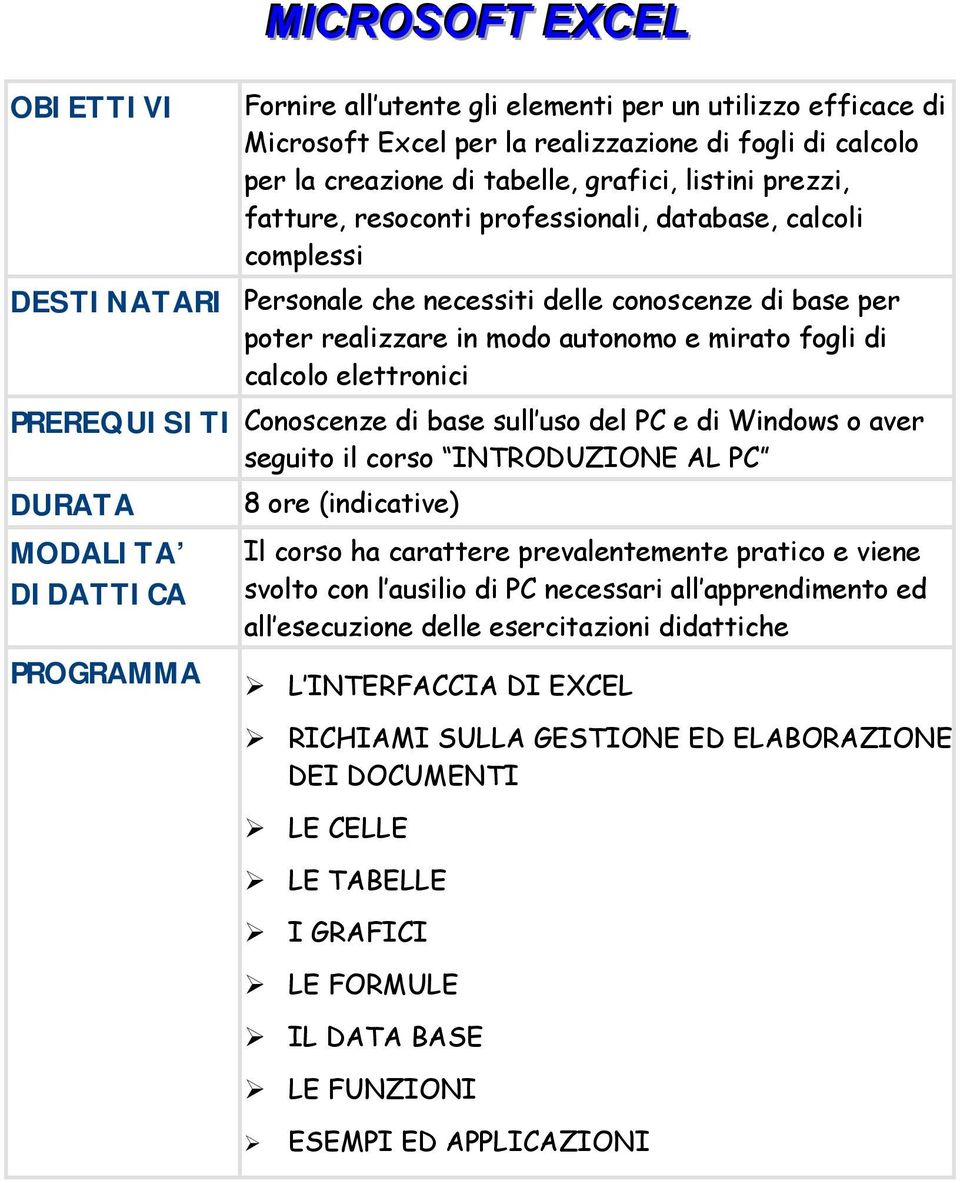 resoconti professionali, database, calcoli complessi poter realizzare in modo autonomo e mirato