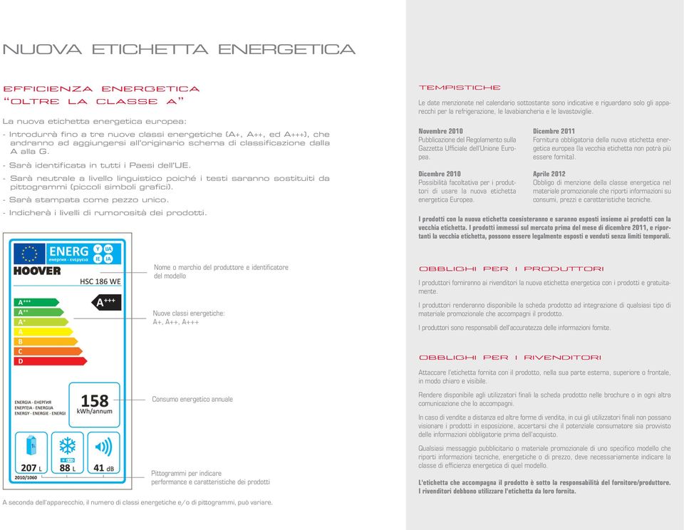 Sarà neutrale a livello linguistico poiché i testi saranno sostituiti da pittogrammi (piccoli simboli grafici). Sarà stampata come pezzo unico. Indicherà i livelli di rumorosità dei prodotti.