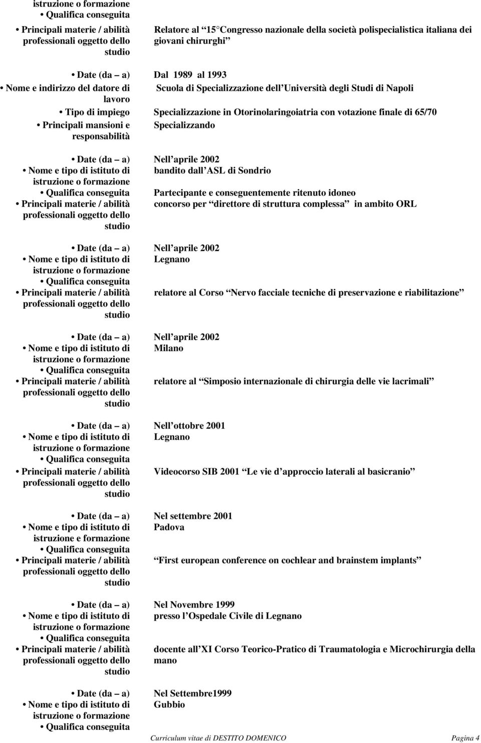 bandito dall ASL di Sondrio Partecipante e conseguentemente ritenuto idoneo concorso per direttore di struttura complessa in ambito ORL Date (da a) Nell aprile 2002 Nome e tipo di istituto di Legnano