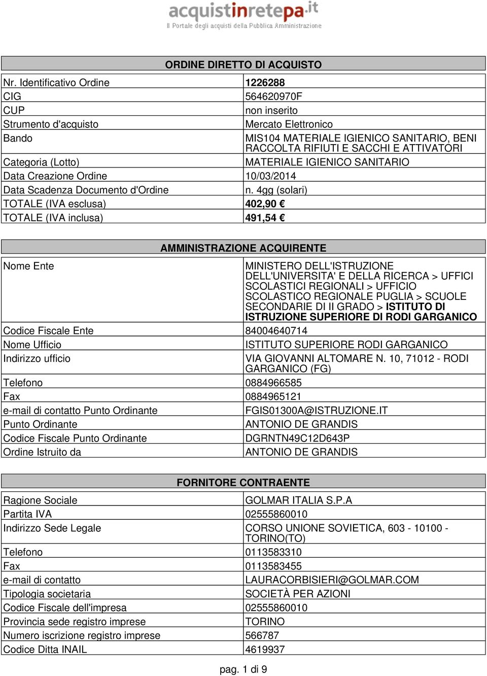 (Lotto) MATERIALE IGIENICO SANITARIO Data Creazione Ordine 10/03/2014 Data Scadenza Documento d'ordine n.