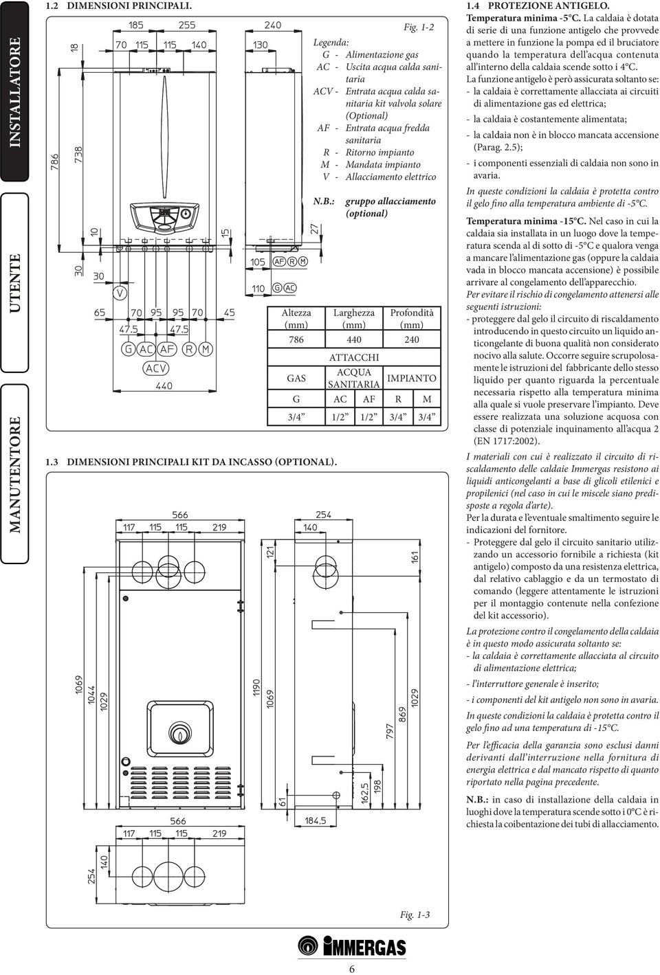impianto M - Mandata impianto V - Allacciamento elettrico N.B.: 1.3 DIMENSIONI PRINCIPALI KIT DA INCASSO (OPTIONAL). Larghezza (mm) Fig.