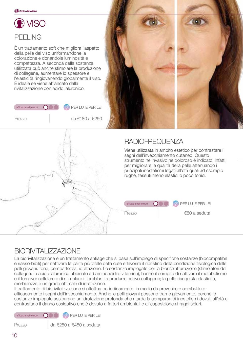 È ideale se viene affiancato dalla rivitalizzazione con acido ialuronico. Prezzo da 180 a 250 RADIOFREQUENZA Viene utilizzata in ambito estetico per contrastare i segni dell invecchiamento cutaneo.