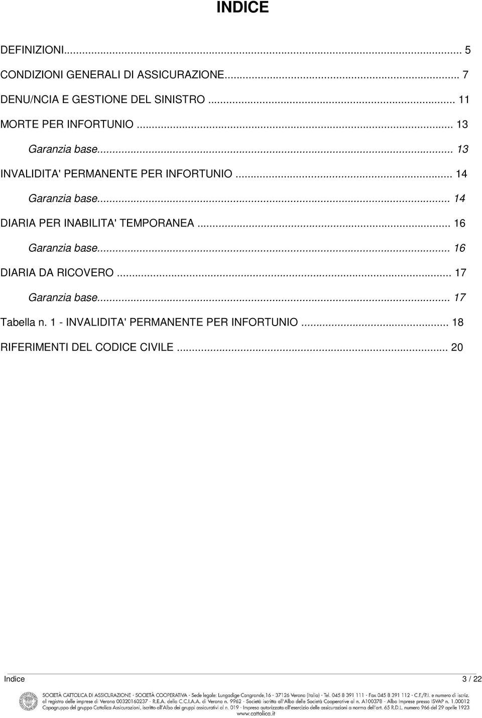 .. 14 Garanzia base... 14 DIARIA PER INABILITA' TEMPORANEA... 16 Garanzia base... 16 DIARIA DA RICOVERO.