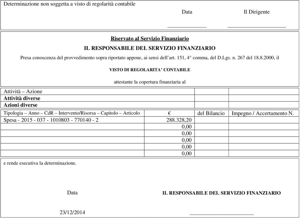 8.2000, il VISTO DI REGOLARITA CONTABILE Attività Azione Attività diverse Azioni diverse attestante la copertura finanziaria al Tipologia Anno CdR