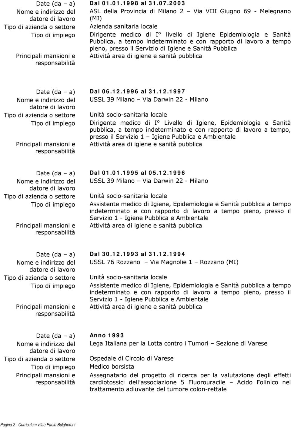 Igiene Epidemiologia e Sanità Pubblica, a tempo indeterminato e con rapporto di lavoro a tempo pieno, presso il Servizio di Igiene e Sanità Pubblica Date (da a) Dal 06.12.