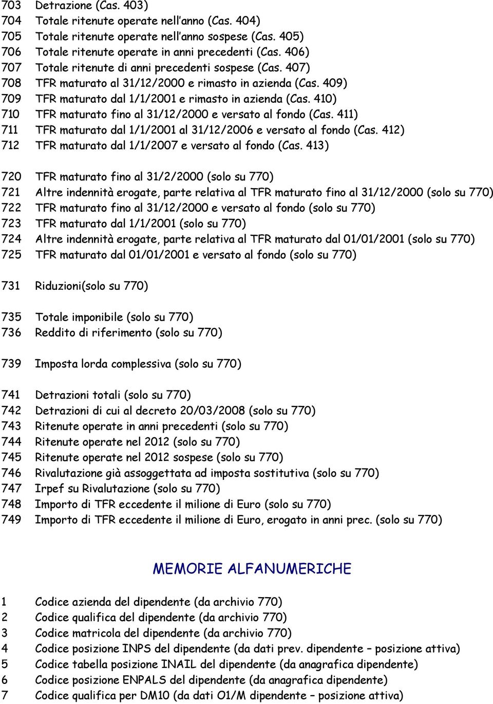 410) 710 TFR maturato fino al 31/12/2000 e versato al fondo (Cas. 411) 711 TFR maturato dal 1/1/2001 al 31/12/2006 e versato al fondo (Cas. 412) 712 TFR maturato dal 1/1/2007 e versato al fondo (Cas.