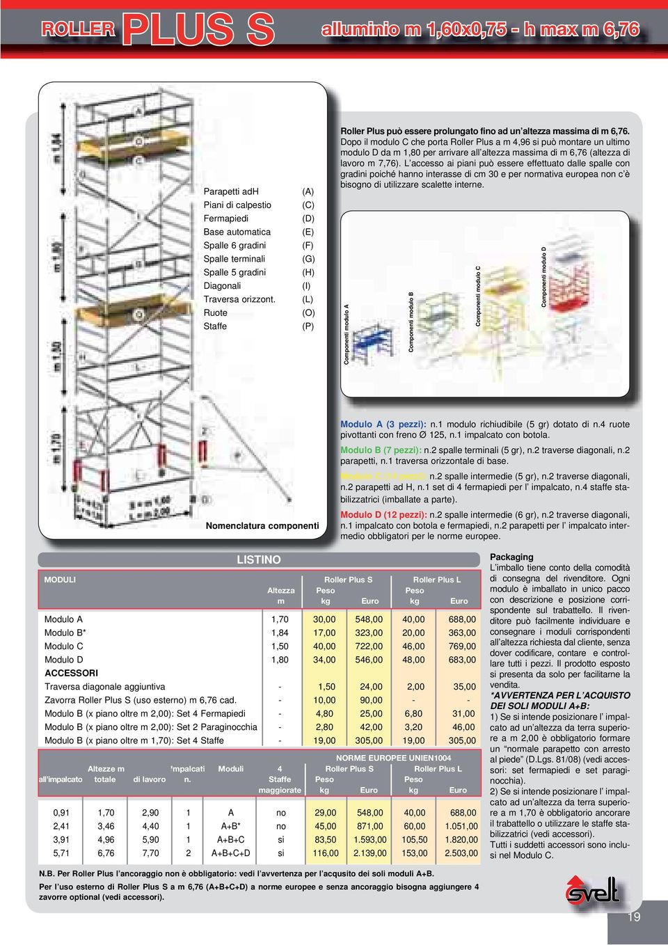 Dopo il modulo C che porta Roller Plus a m 4,96 si può montare un ultimo modulo D da m 1,80 per arrivare all altezza massima di m 6,76 (altezza di lavoro m 7,76).