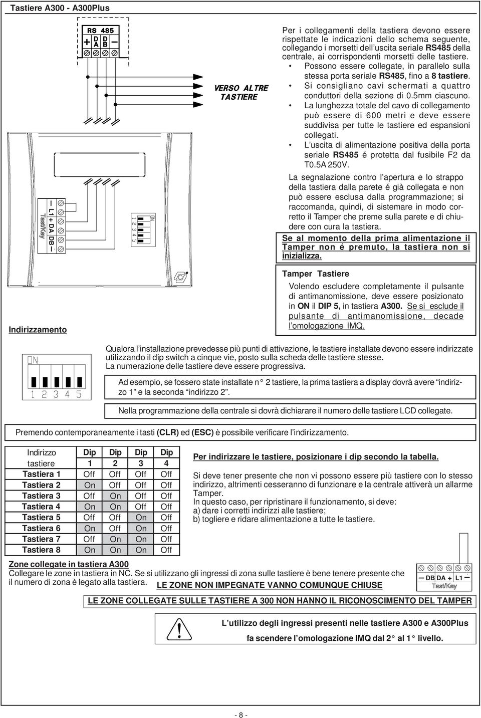 Si consiglia cavi schermati a quattro conduttori della sezione di 0.5mm ciascu.