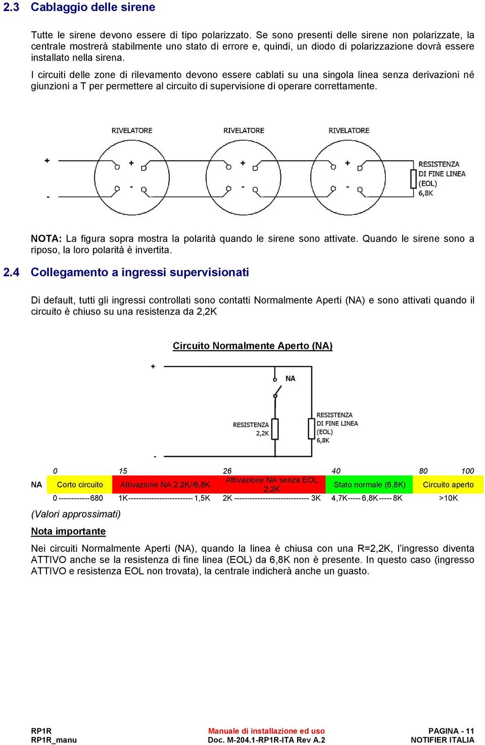 I circuiti delle zone di rilevamento devono essere cablati su una singola linea senza derivazioni né giunzioni a T per permettere al circuito di supervisione di operare correttamente.