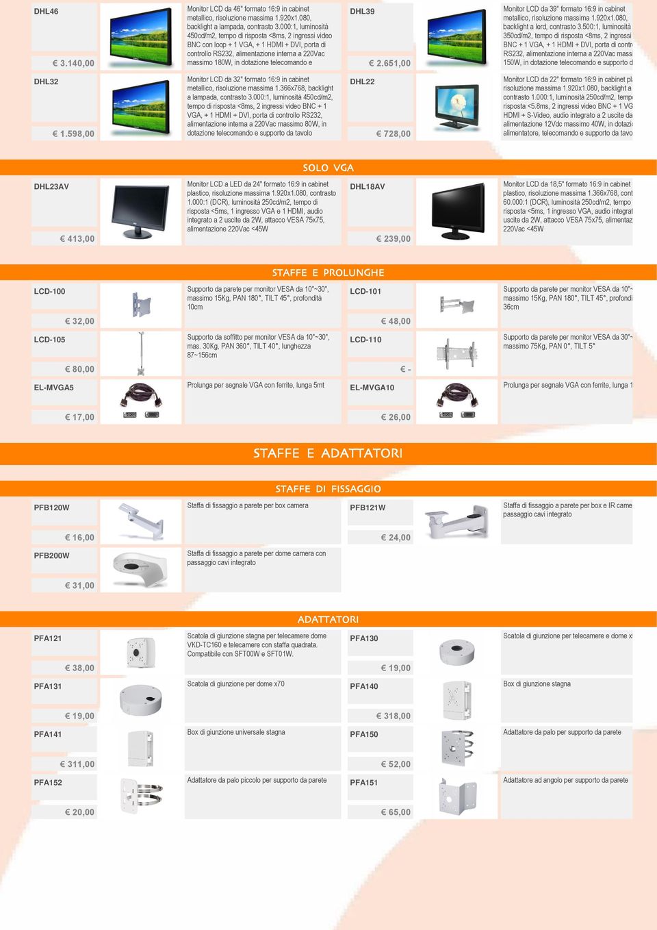 telecomando e DHL39 2.651,00 Monitor LCD da 39" formato 16:9 in cabinet metallico, risoluzione massima 1.920x1.080, backlight a lerd, contrasto 3.