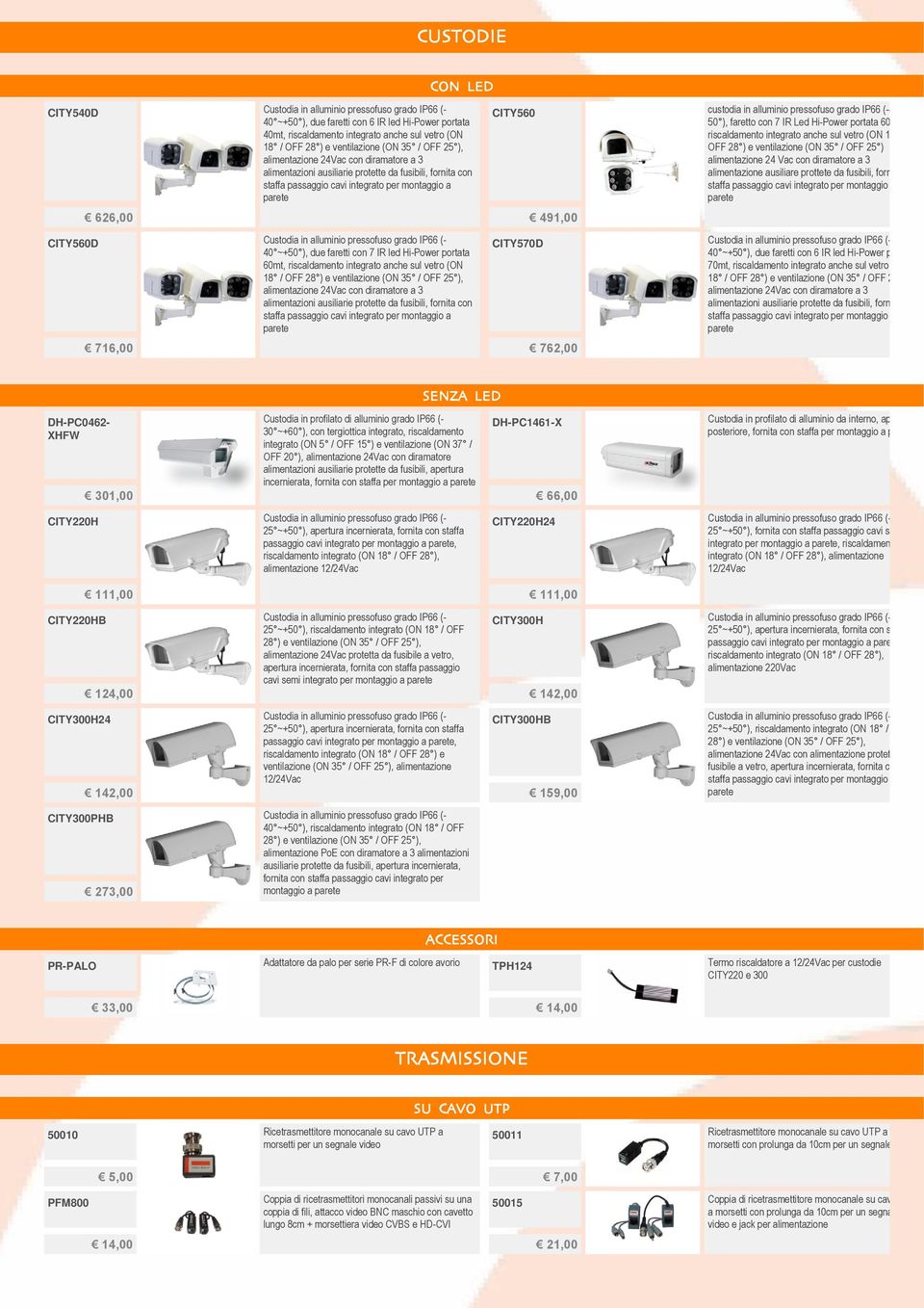 custodia in alluminio pressofuso grado IP66 (-40 + 50 ), faretto con 7 IR Led Hi-Power portata 60mt, riscaldamento integrato anche sul vetro (ON 18 / OFF 28 ) e ventilazione (ON 35 / OFF 25 )