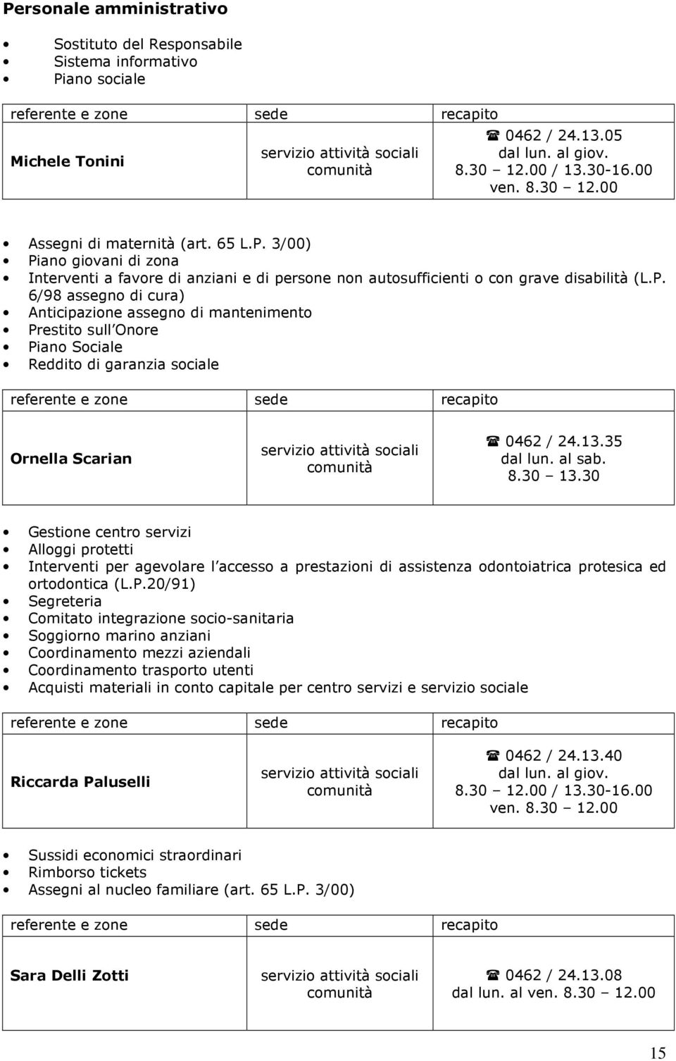 3/00) Piano giovani di zona Interventi a favore di anziani e di persone non autosufficienti o con grave disabilità (L.P. 6/98 assegno di cura) Anticipazione assegno di mantenimento Prestito sull Onore Piano Sociale Reddito di garanzia sociale Ornella Scarian servizio attività sociali comunità 0462 / 24.