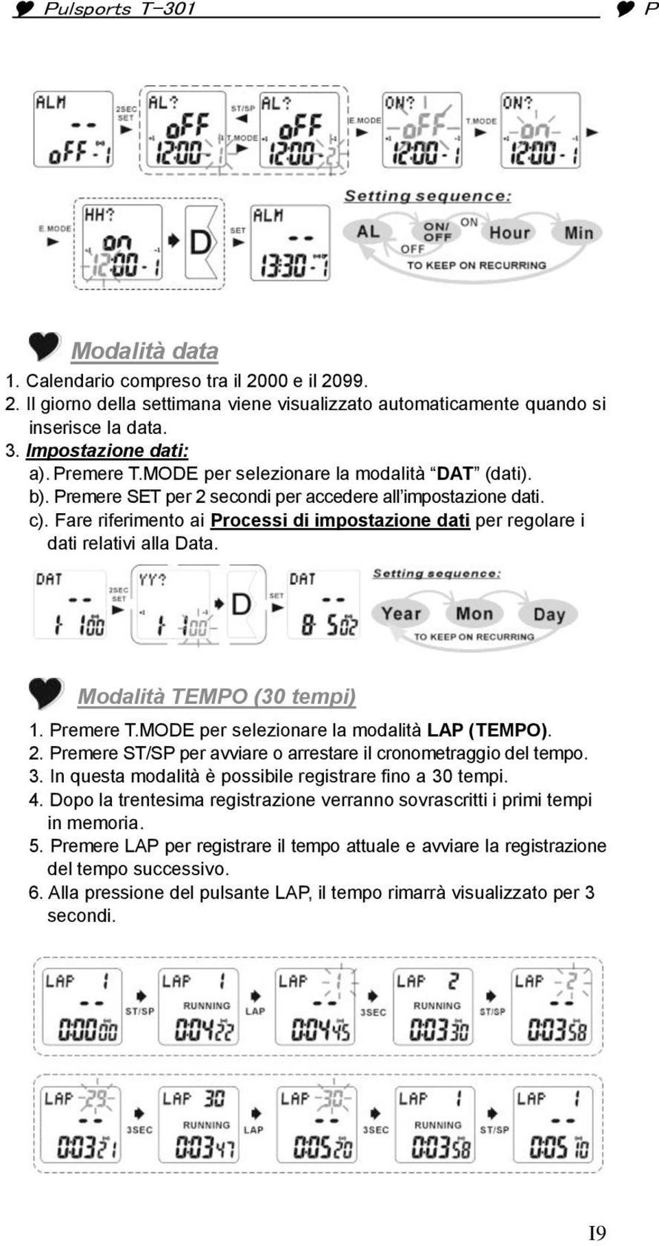 Fare riferimento ai Processi di impostazione dati per regolare i dati relativi alla Data. Modalità TEMPO (30 tempi) 1. Premere T.MODE per selezionare la modalità LAP (TEMPO). 2.