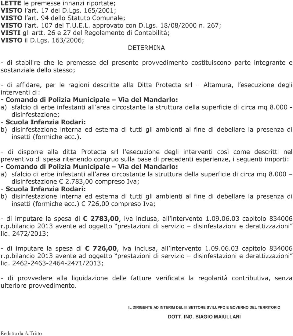 163/2006; DETERMINA - di stabilire che le premesse del presente provvedimento costituiscono parte integrante e sostanziale dello stesso; - di affidare, per le ragioni descritte alla Ditta Protecta