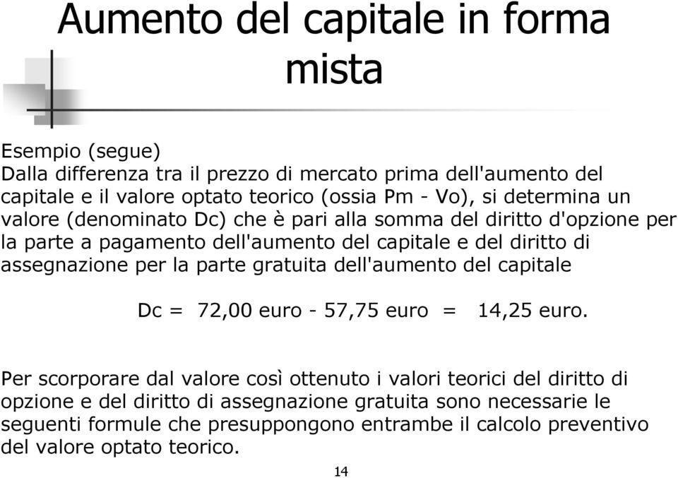 assegnazione per la parte gratuita dell'aumento del capitale Dc = 72,00 euro - 57,75 euro = 14,25 euro.