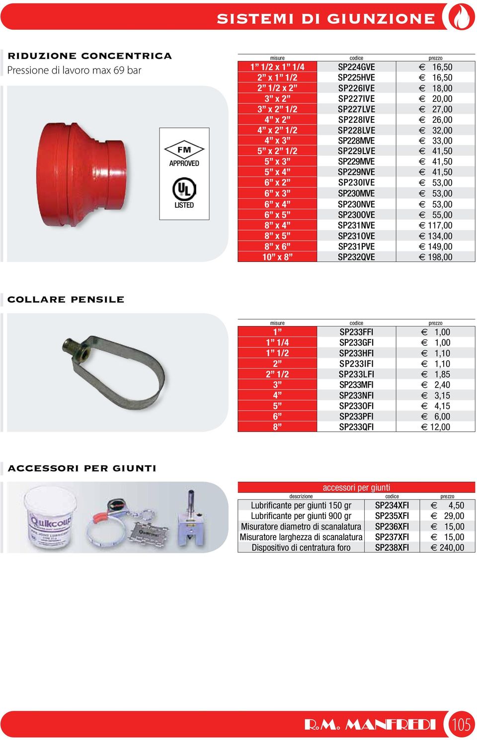 x 5 SP230OVE 55,00 8 x 4 SP231NVE 117,00 8 x 5 SP231OVE 134,00 8 x 6 SP231PVE 149,00 10 x 8 SP232QVE 198,00 collare pensile 1 SP233FFI 1,00 1 1/4 SP233GFI 1,00 1 1/2 SP233HFI 1,10 2 SP233IFI 1,10 2