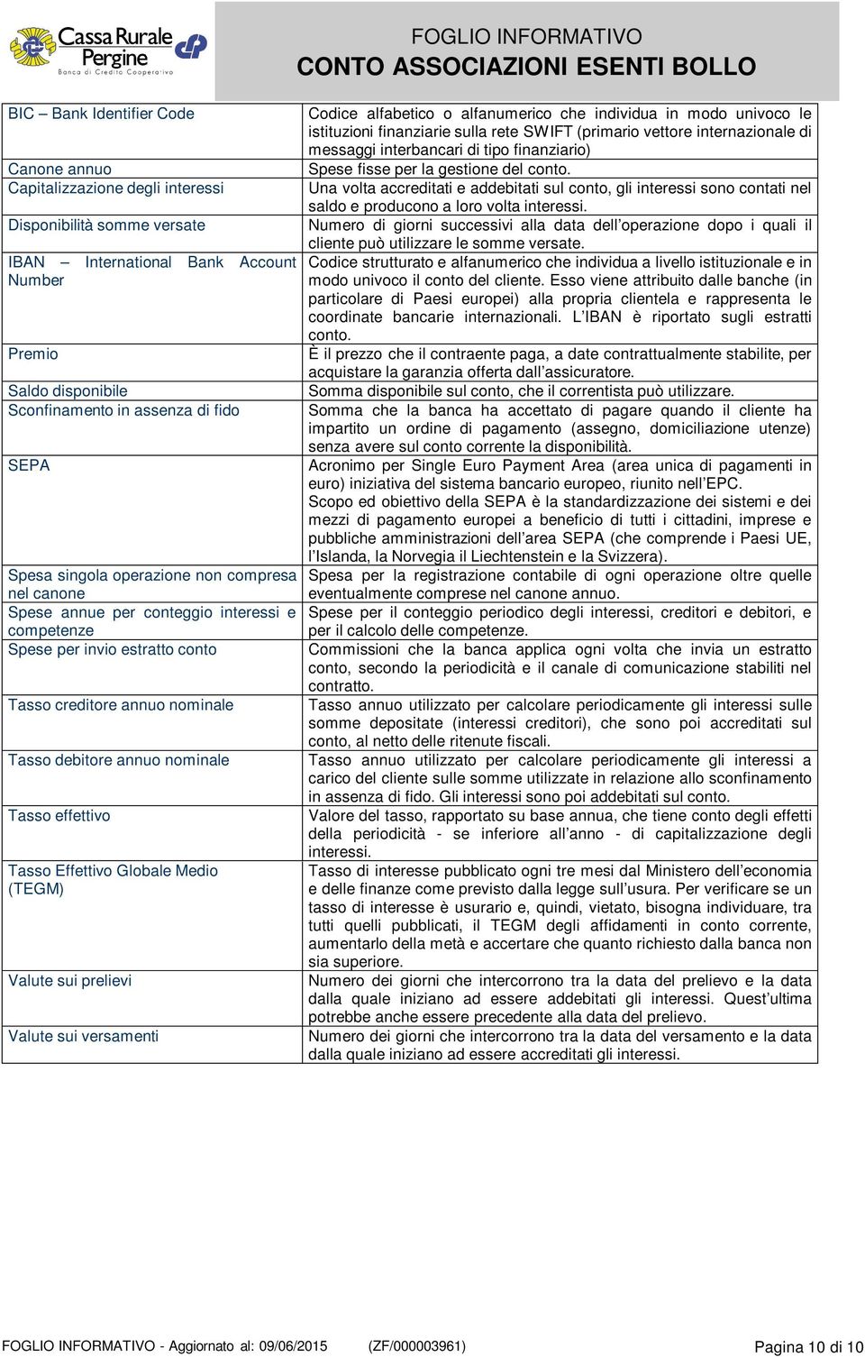 Tasso effettivo Tasso Effettivo Globale Medio (TEGM) Valute sui prelievi Valute sui versamenti Codice alfabetico o alfanumerico che individua in modo univoco le istituzioni finanziarie sulla rete