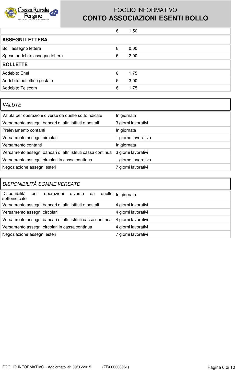 cassa continua Versamento assegni circolari in cassa continua Negoziazione assegni esteri In giornata 3 giorni lavorativi In giornata 1 giorno lavorativo In giornata 3 giorni lavorativi 1 giorno