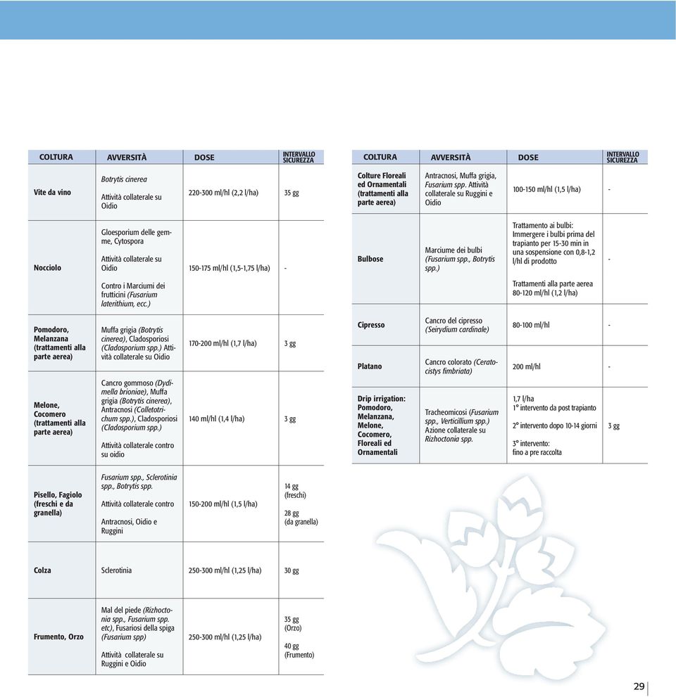 , Botrytis spp.) Trattamento ai bulbi: Immergere i bulbi prima del trapianto per 1530 min in una sospensione con 0,81,2 l/hl di prodotto Contro i Marciumi dei frutticini (Fusarium laterithium, ecc.