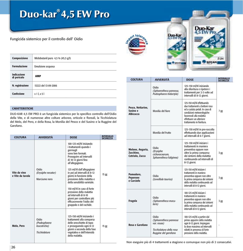 DUOKAR 4,5 EW PRO è un fungicida sistemico per lo specifico controllo dell della, e di numerose altre colture arboree, orticole e floreali, la Ticchiolatura del Melo, del Pero, e della Rosa, la