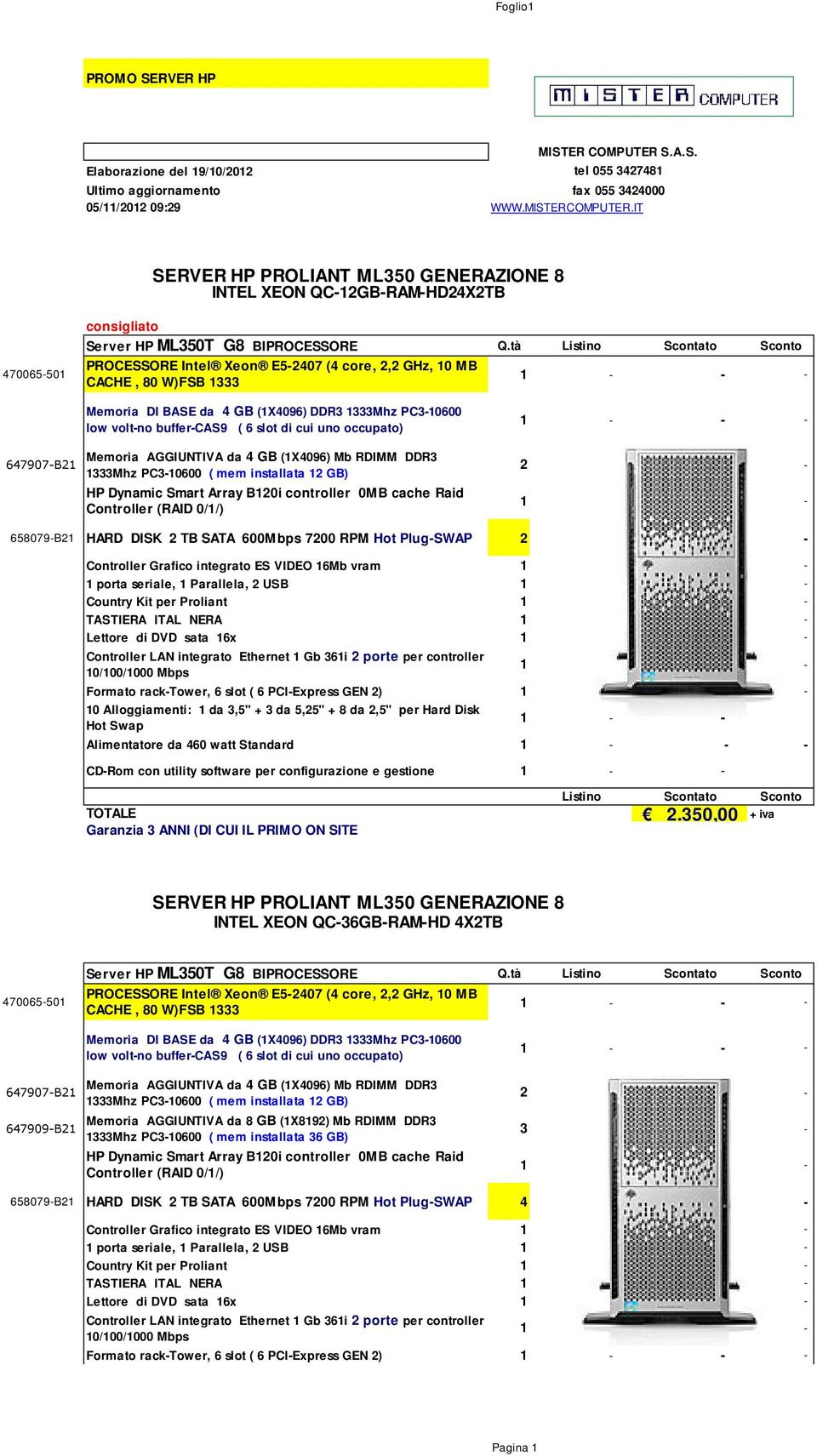 tà Listino Scontato Sconto PROCESSORE Intel Xeon E5-2407 (4 core, 2,2 GHz, 10 MB CACHE, 80 W)FSB 1333 647907-B21 Memoria DI BASE da 4 GB (1X4096) DDR3 1333Mhz PC3-10600 low volt-no buffer-cas9 ( 6