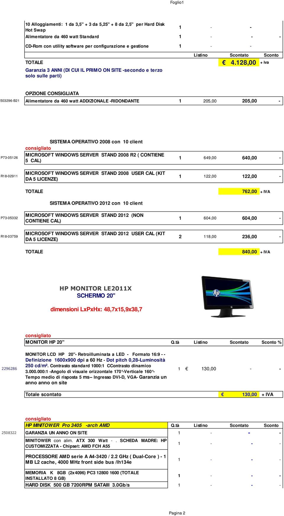 128,00 + iva Garanzia 3 ANNI (DI CUI IL PRIMO ON SITE -secondo e terzo solo sulle parti) OPZIONE CONSIGLIATA 503296-B21 Alimentatore da 460 watt ADDIZIONALE -RIDONDANTE 1 205,00 205,00 - P73-05126